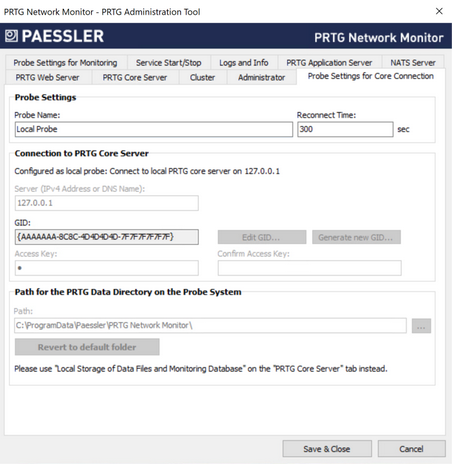 Probe Settings for Core Connection Tab Probe Settings for Core Connection Tab