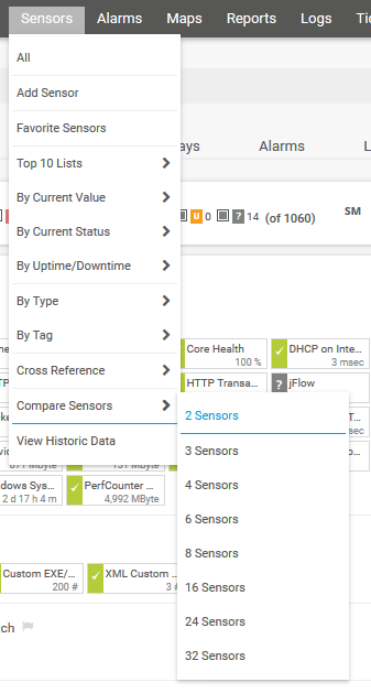 PRTG Main Menu: Compare Sensors